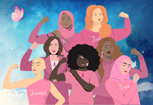 Seven women of various ages and ethnicities, dressed in shades of pink, have their eyes closed and their arms raised to form a bicep in a demonstration of strength. Each woman wears a pin ribbon or one of my signature tee shirt designs. A watercolor pink butterfly floats in the upper left corner over a pale green and aqua watercolor background.